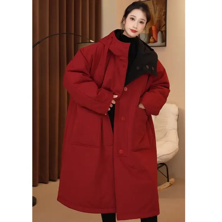 （运费补贴）【双面双穿】冬季厚款连帽女保暖中长款休闲棉服大衣棉