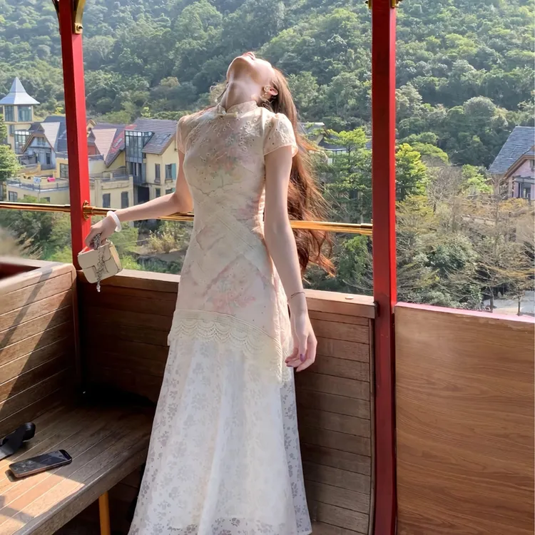 月华绣影新中式假两件印花改良旗袍春夏蕾丝拼接镂空旗袍裙