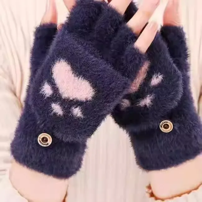 新款毛绒手套可爱猫爪熊掌冬季保暖半指翻盖针织加绒加厚韩版手套