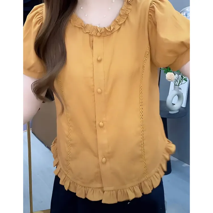 2025夏季新款花边圆领减龄显瘦洋气百搭衬衫泡泡袖短袖时尚上衣女