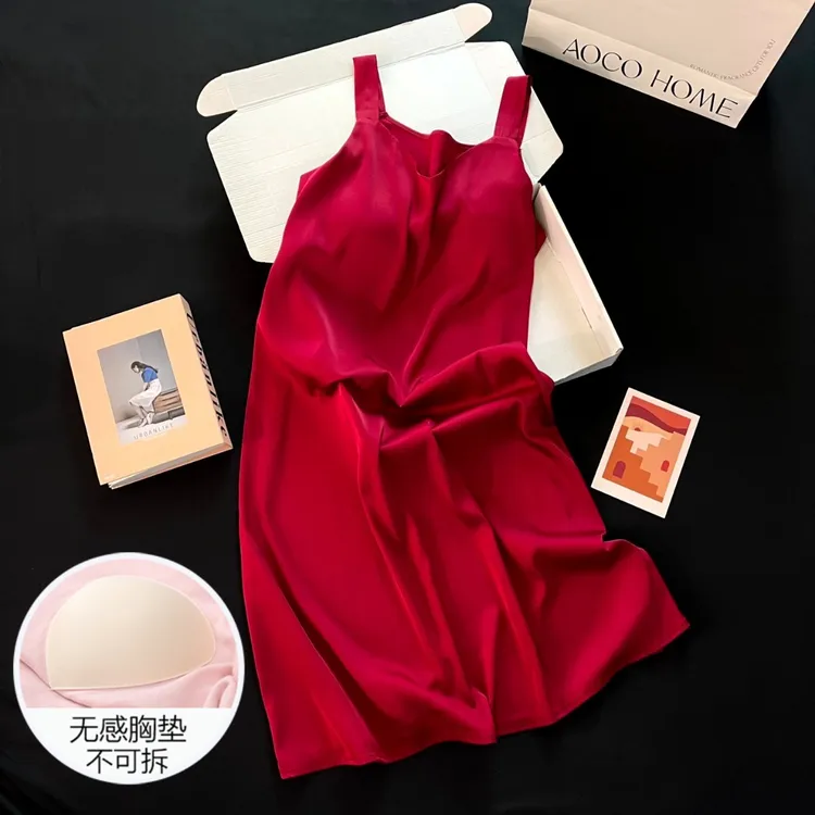 冰雪丝带胸垫吊带睡裙睡衣女夏季性感可外穿2025新款红色裙家居服