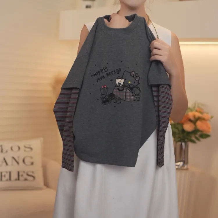 双面绒童趣风彩绘猫印花T恤女童 假两件撞色紫袖设计 宽松上衣