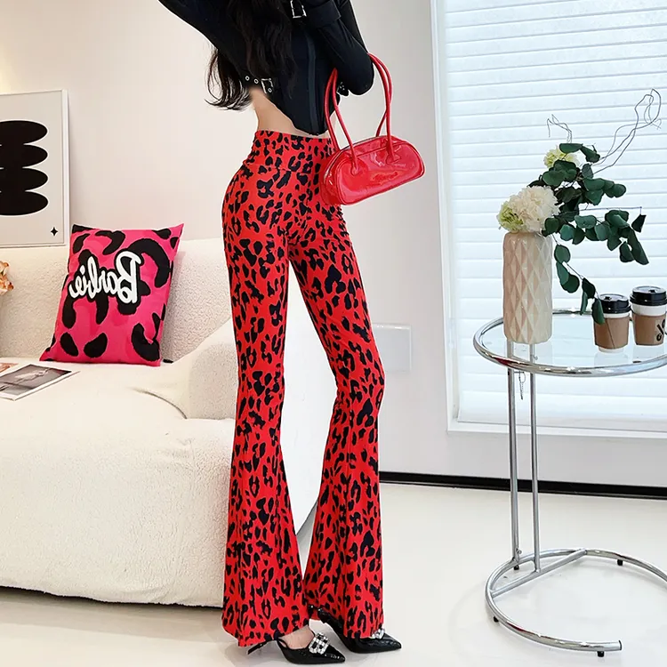 秋季薄款喇叭裤女洋气时髦个性潮牌高腰显瘦弹力印花休闲高档裤子