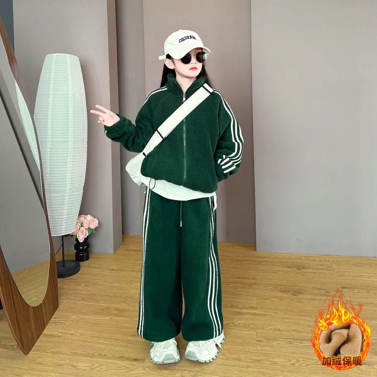 女童2025新款时尚韩范运动休闲风洋气加绒毛毛外套卫裤秋冬季套装