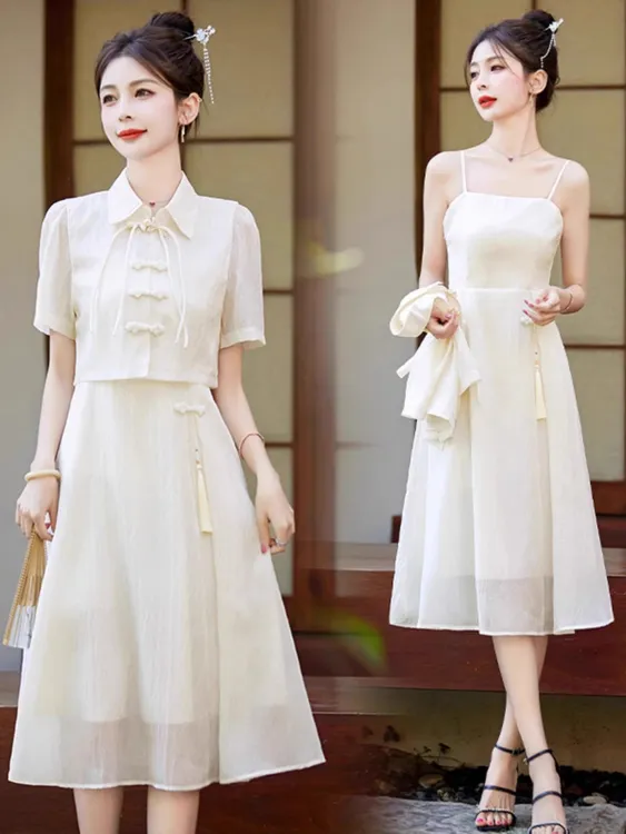 新中式国风连衣裙女2025夏新款短袖盘扣衬衫配吊带裙子汉服两件套