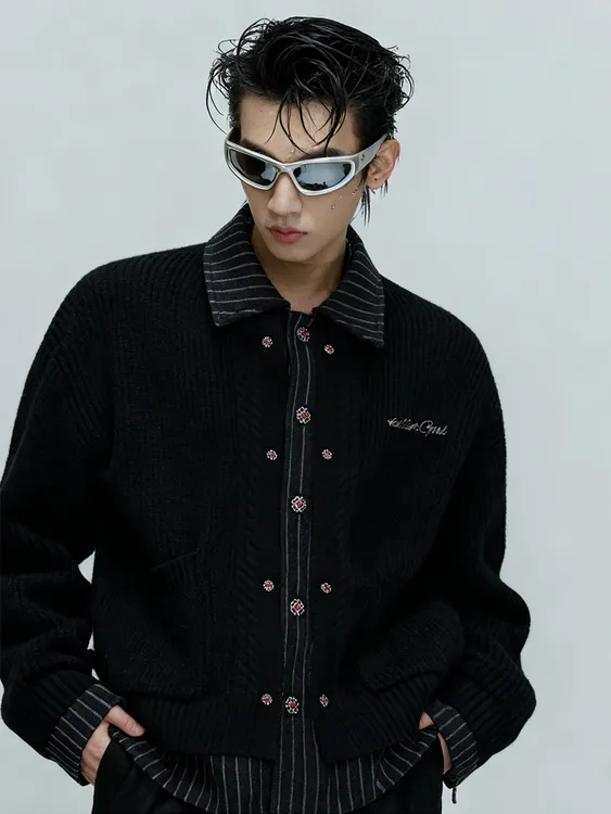 Ar CulturE暖冬守护假两件条纹拼接毛衣男 高级感纽扣针织衫外套