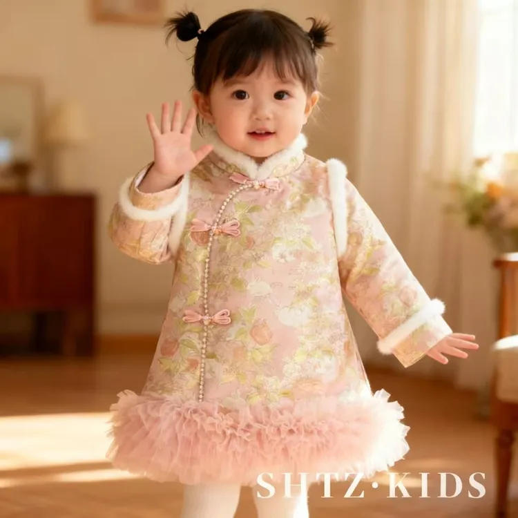 女童加绒加厚旗袍裙秋冬新款儿童中国风连衣裙新年拜年服唐装汉服