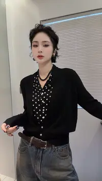 FANYE 2025早秋新款设计感拼色波点假两件针织开衫