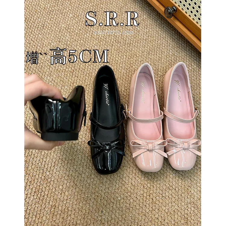小个子内增高女鞋仙女风漆皮蝴蝶结一字带圆头芭蕾单鞋配裙子的鞋
