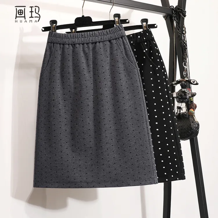 【画玛】松紧腰波点毛呢裙高腰显瘦半身裙女冬季一步裙及膝中裙包裙