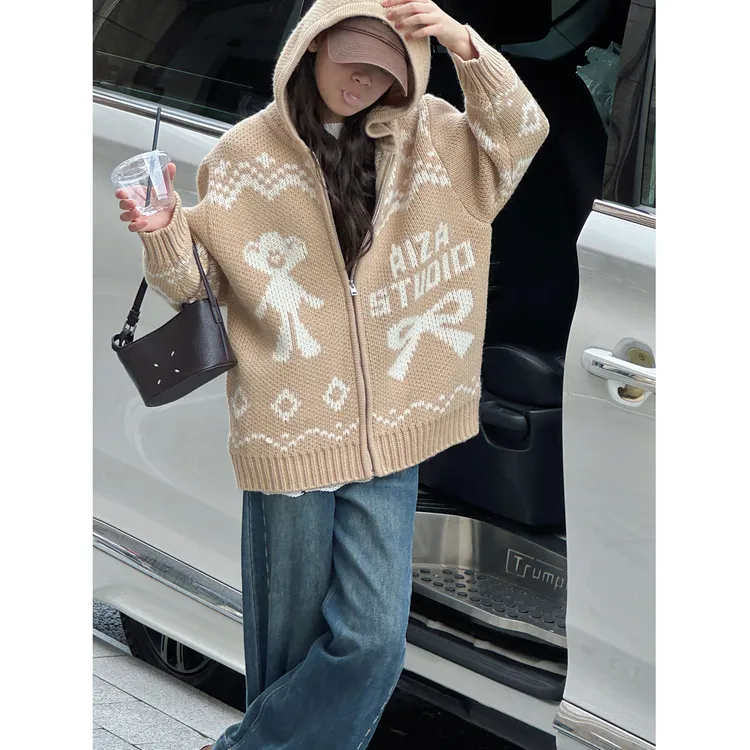 K29485孙小美提花女童毛衣外套2025新款秋冬装儿童连帽上衣针织衫