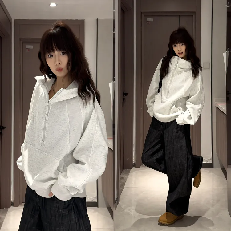 加绒加厚卫衣男款秋冬季美式重磅连帽套头半拉链宽松解构外套潮流