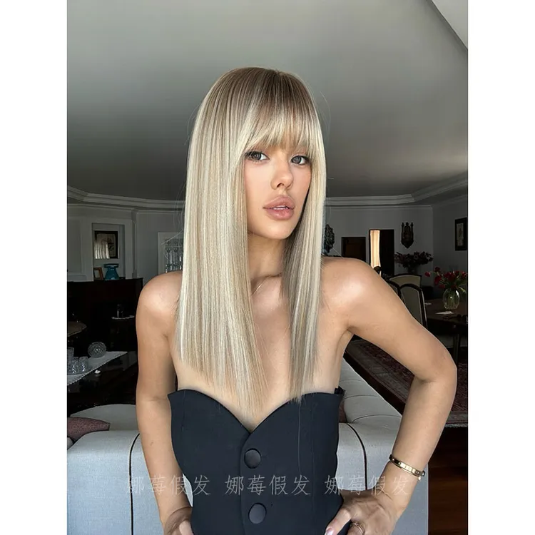浅金亚麻头顶染轻欧美假发中长直发氛围感日常网红女生全头套假发