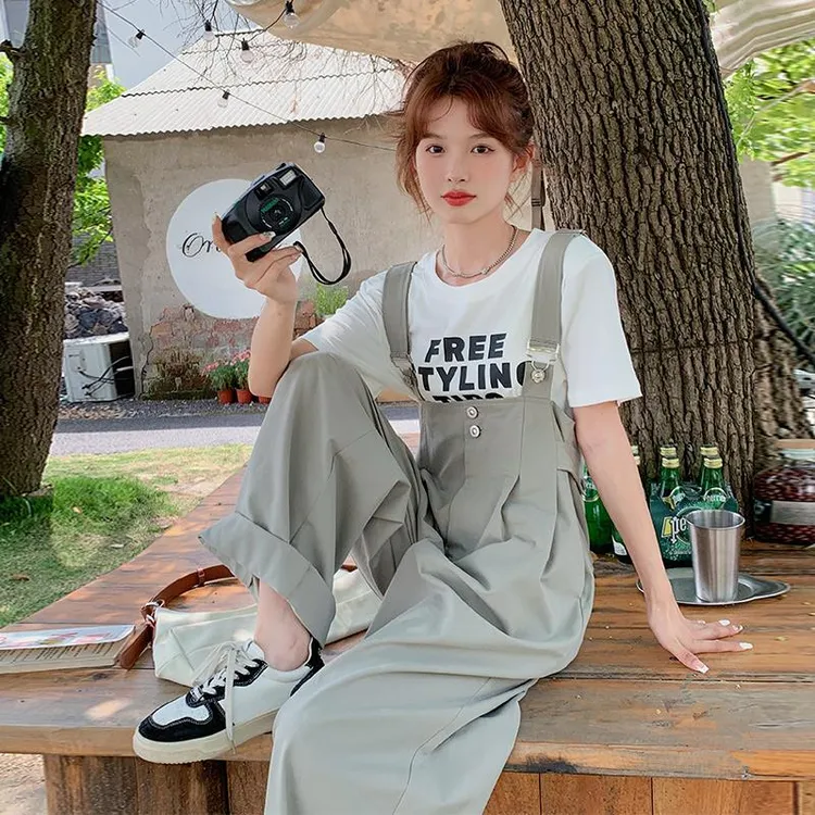 休闲时尚背带裤套装女夏季2025新款高腰显瘦字母女生韩系ins衣服