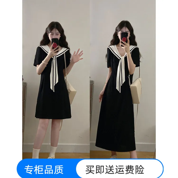 大码女装夏季韩系海军领学院风短袖连衣裙胖MM显瘦气质裙子