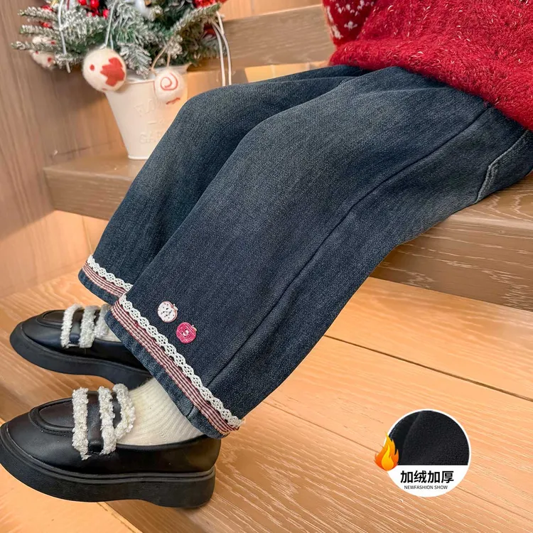 女童加绒牛仔裤加厚一体绒儿童窄版直筒阔腿裤子小女孩宝宝秋冬装