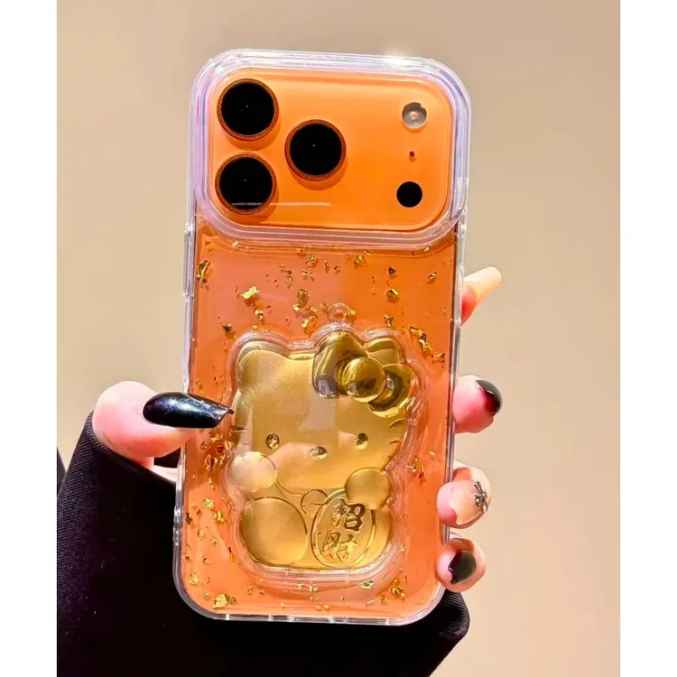 奥菲顿金箔招财kitty适用苹果17/16滴胶手机壳iPhone15/14软13/12