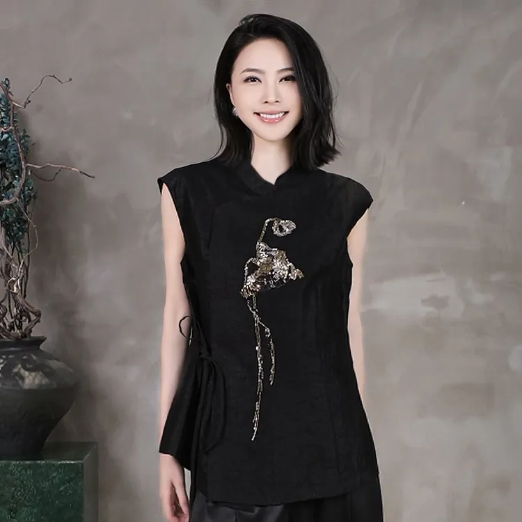 溶溶【鉴花赏景】RONGRONG 100桑蚕丝香云纱绣花质感马甲28626C7371