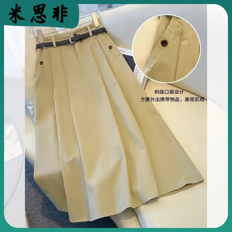 1卡其牛仔半身裙女春秋2025新款小个子气质百褶a字西装裙长裙l