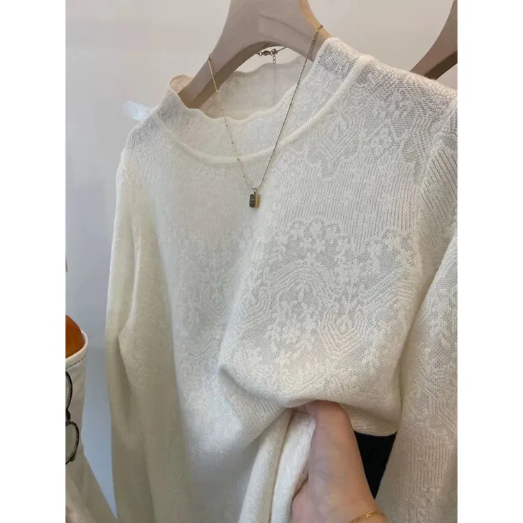 【双层蕾丝】气质暗纹花纹蕾丝花边领针织衫女内搭打底毛衣减龄#782