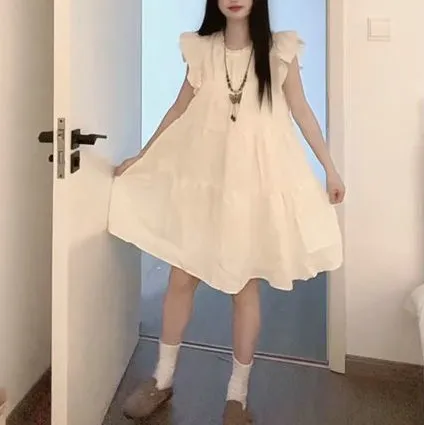 Y2025夏季甜美温柔学园风小飞袖连衣裙小个子宽松气质甜美连衣裙