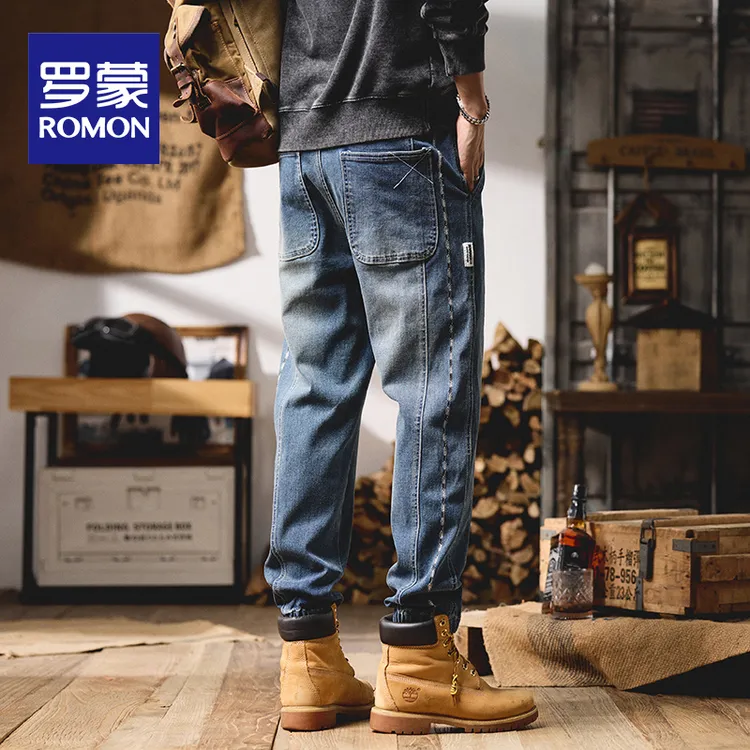 罗蒙美式复古做旧水洗秋季牛仔裤男士2025新款宽松束脚春秋休闲裤