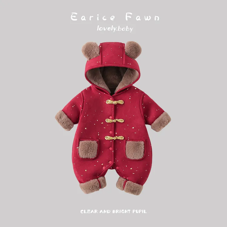 YM婴儿衣服冬季保暖加绒连体衣宝宝加厚夹棉爬爬服满月百天外年服