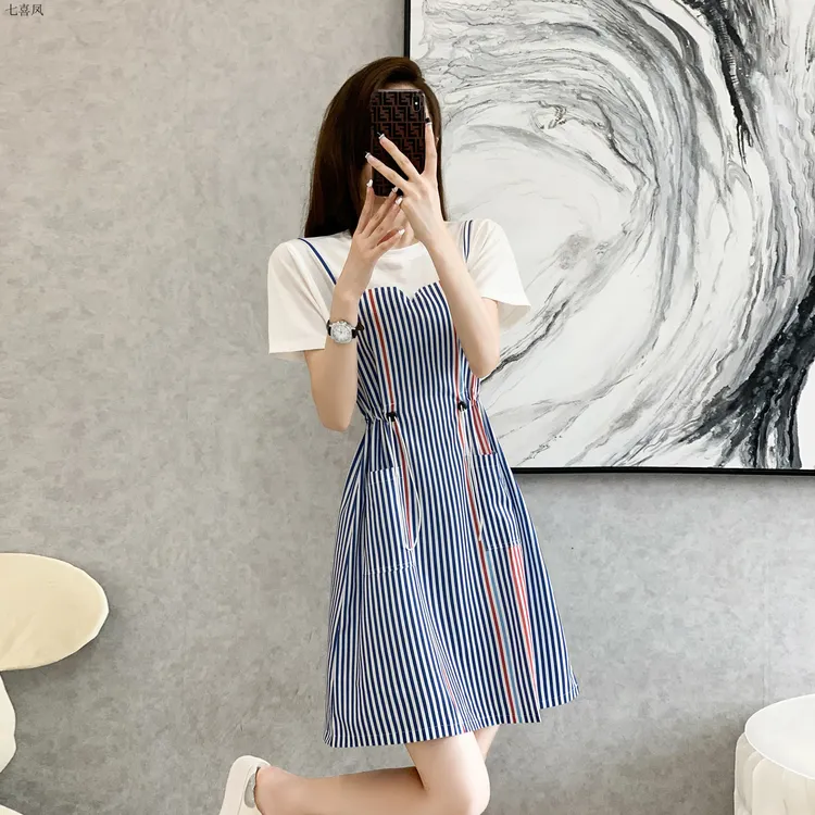 拼接条纹连衣裙显高挑小个子通用款供应
