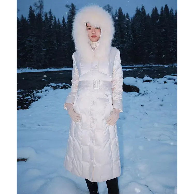 冬装新款优雅超大真毛领桑蚕丝鹅绒外套中长款外套三防面料