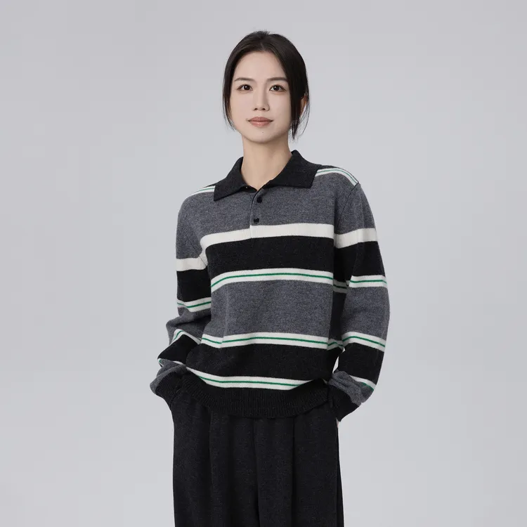 小禾【理性条纹】100绵羊毛经典POLO领型撞色条纹休闲亲肤毛针织衫