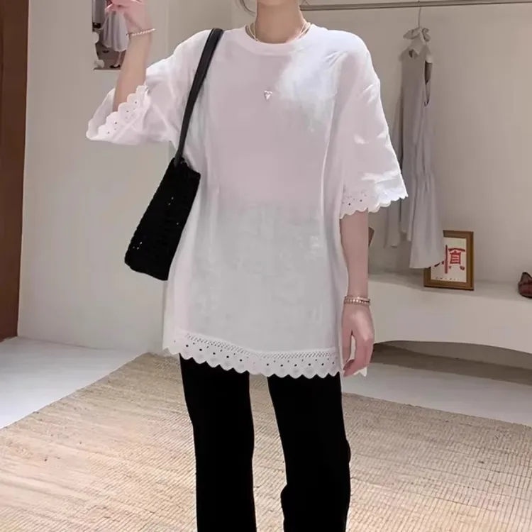 蕾丝花边拼接短袖T恤夏季薄款胖MM大码女装显瘦气质宽松时尚上衣