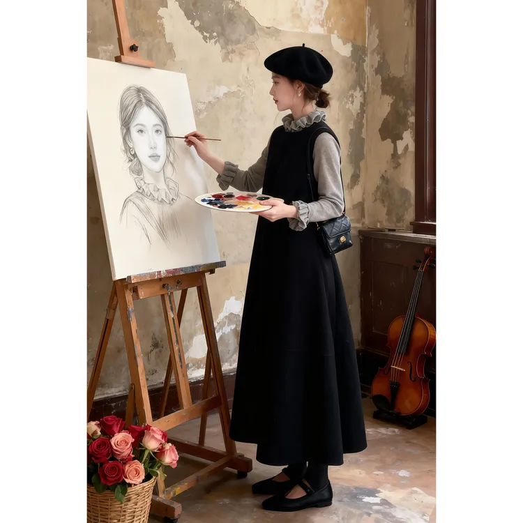 2025秋季新款法式小香风半高领长袖上衣收腰显瘦背心连衣裙套装女