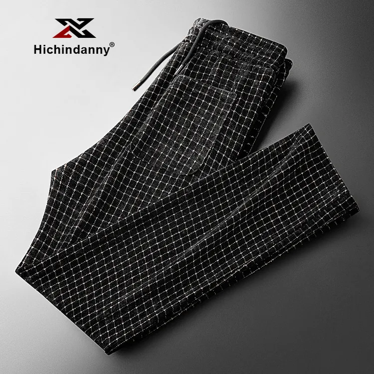 HICHIN加厚保暖格纹运动裤男士秋冬直筒微阔卫裤轻奢英伦风休闲裤