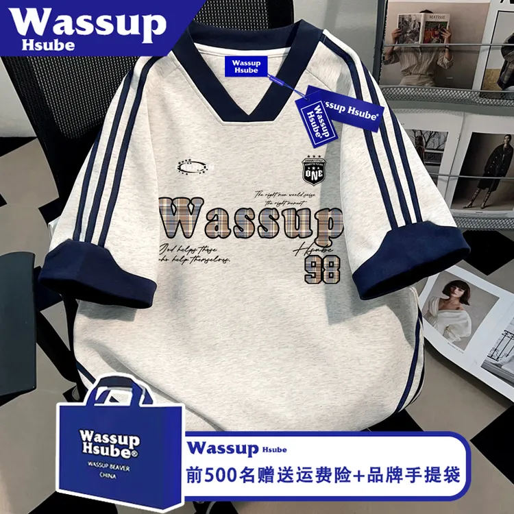 WASSUP HSUBE字母印花上衣夏季慵懒感短袖ins男女同款纯棉个性T恤