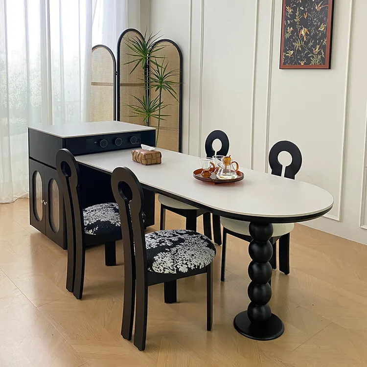 法式岛台餐桌一体家用中古风可伸缩岩板小户型轻奢高段吧台中岛台