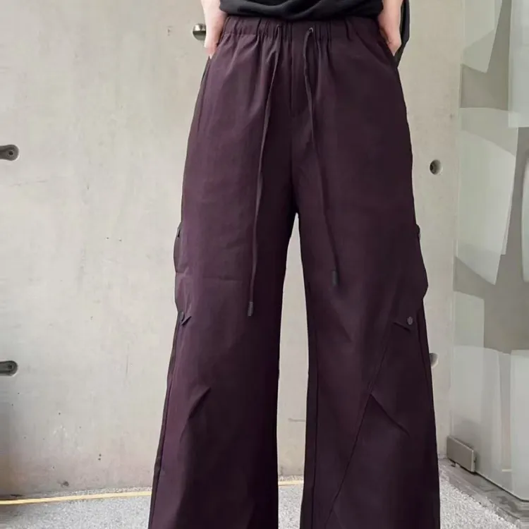 压褶工装裤松紧腰多口袋纯色裤脚收口直筒宽松休闲裤