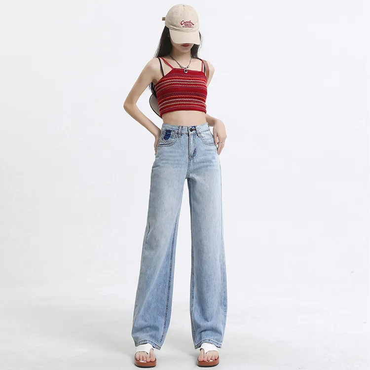 2025春夏季新款提臀显瘦修饰腿型破洞设计窄版高腰阔腿牛仔裤女