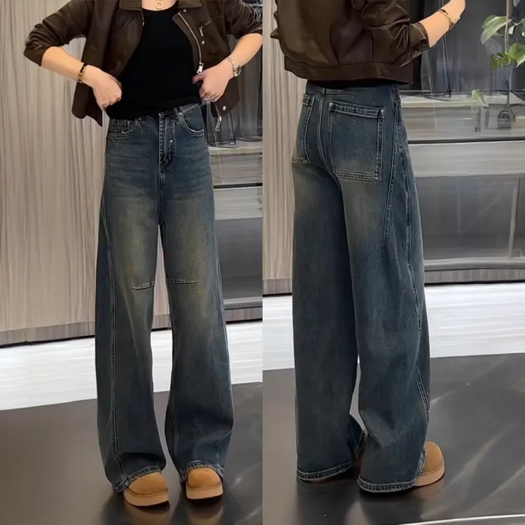 复古窄版美式弯刀牛仔裤女2025秋冬新款胖mm高腰宽松显瘦阔腿裤子