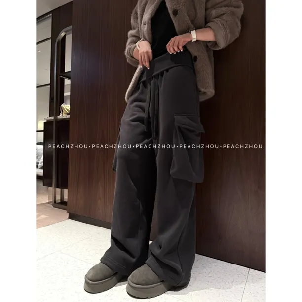 PEACHZHOU 翻腰加绒工装大口袋宽松直筒休闲裤松紧腰可调节卫裤