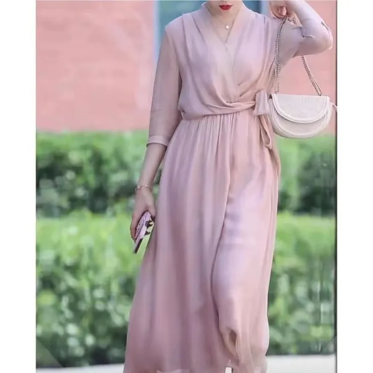 轻奢婕妤秀长裙法式中长裙夏季气质长款连衣裙时尚显瘦系带裙子