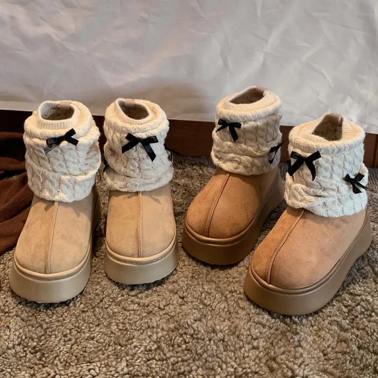 现货贾不假雪地靴女2025冬季新款洋气时尚蝴蝶结加绒保暖针织棉鞋