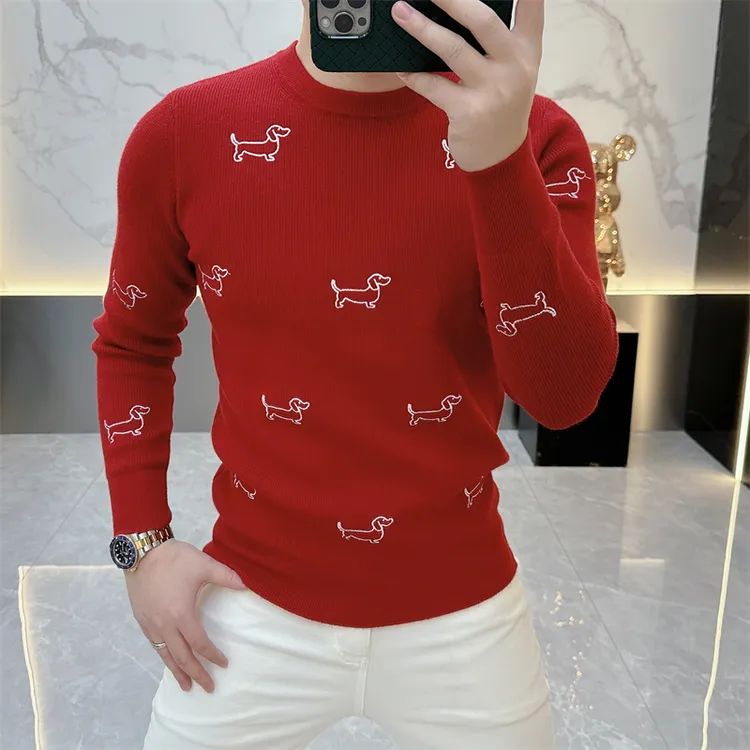 202秋冬新款潮牌提花圆领套头针织衫修身帅气长袖毛衣男潮打底衫