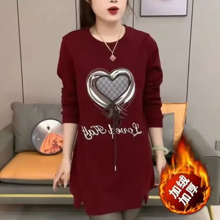 冬季加绒加厚中长款爱心长袖上衣打底衫
