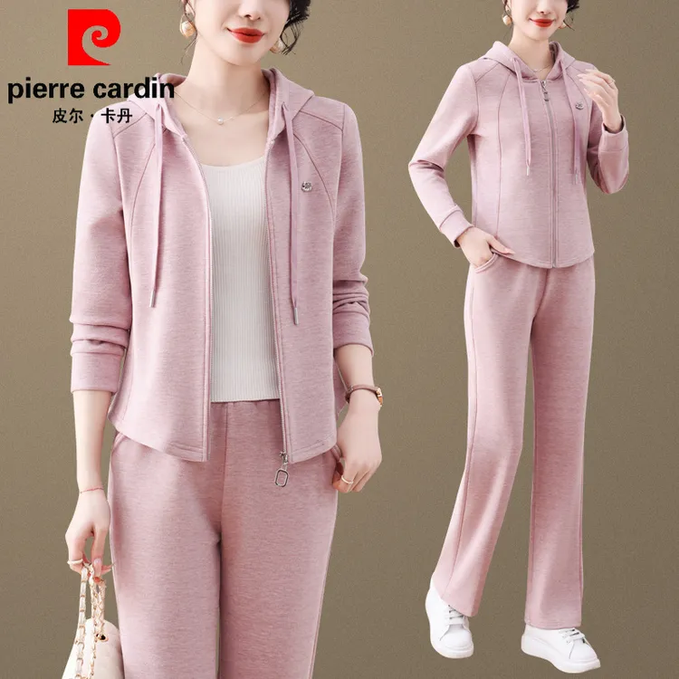 皮尔卡丹运动套装女纯色休闲妈妈装帽卫衣2025春秋减龄显瘦两件套