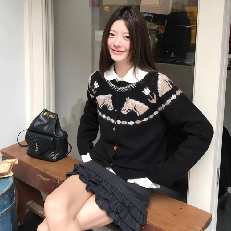 秋冬新款软糯韩系慵懒风百搭上衣小马提花高级设计感针织开衫女