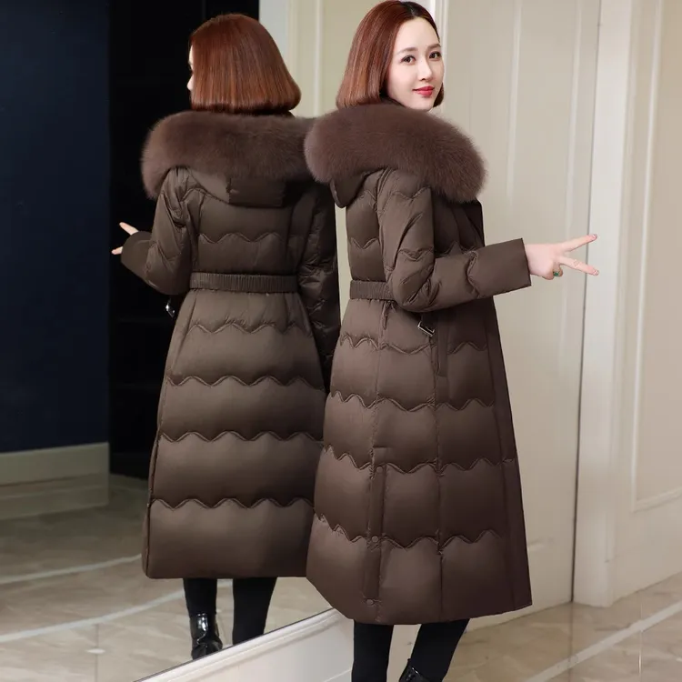 羽绒服女休闲冬季新款过膝收腰显瘦狐狸毛领鹅绒保暖气质显瘦外套