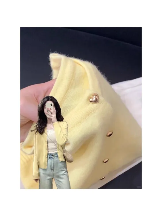 【现货】鹅黄色长袖针织开衫外套新款秋冬毛衣慵懒风小个子短款上衣