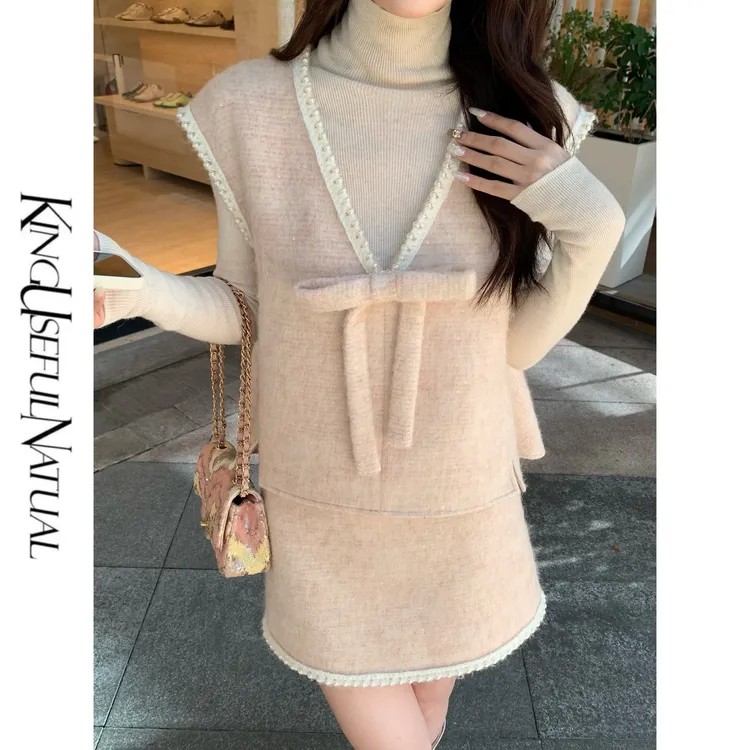 KUN【索菲亚】温柔系学妹 羊毛亮片针织毛绒少女粉秋冬马甲短裙套装