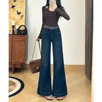 乔栈复古深蓝色设计感不贴腿微喇牛仔裤女2025秋冬高腰显瘦拖地裤