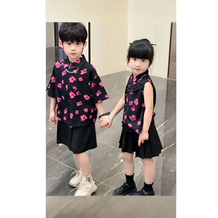 【兄妹款】儿童男童浪漫随性夏季休闲时尚中大童洋气衬衫髦两件套